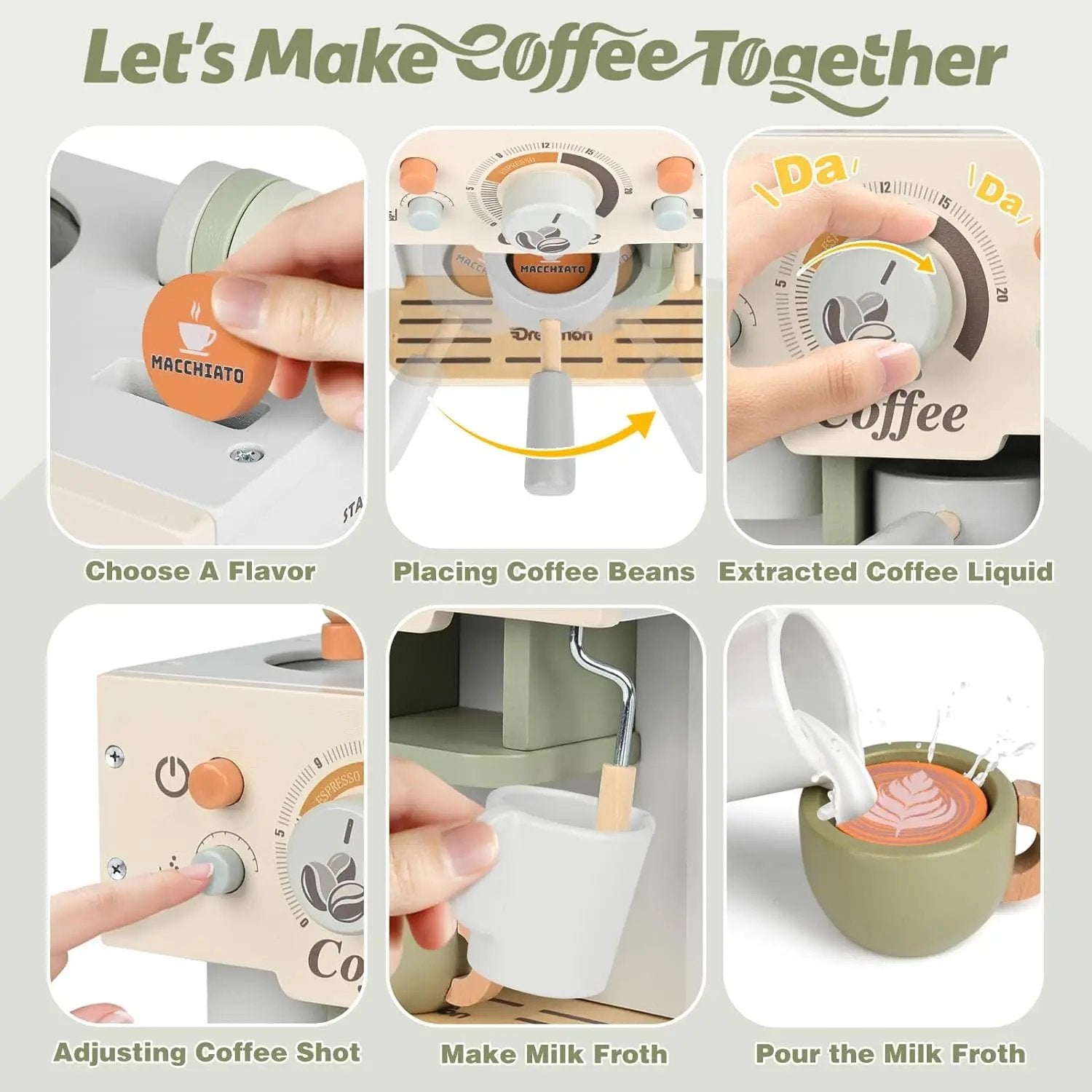 Wooden Toy Coffee Maker Playset for Kids