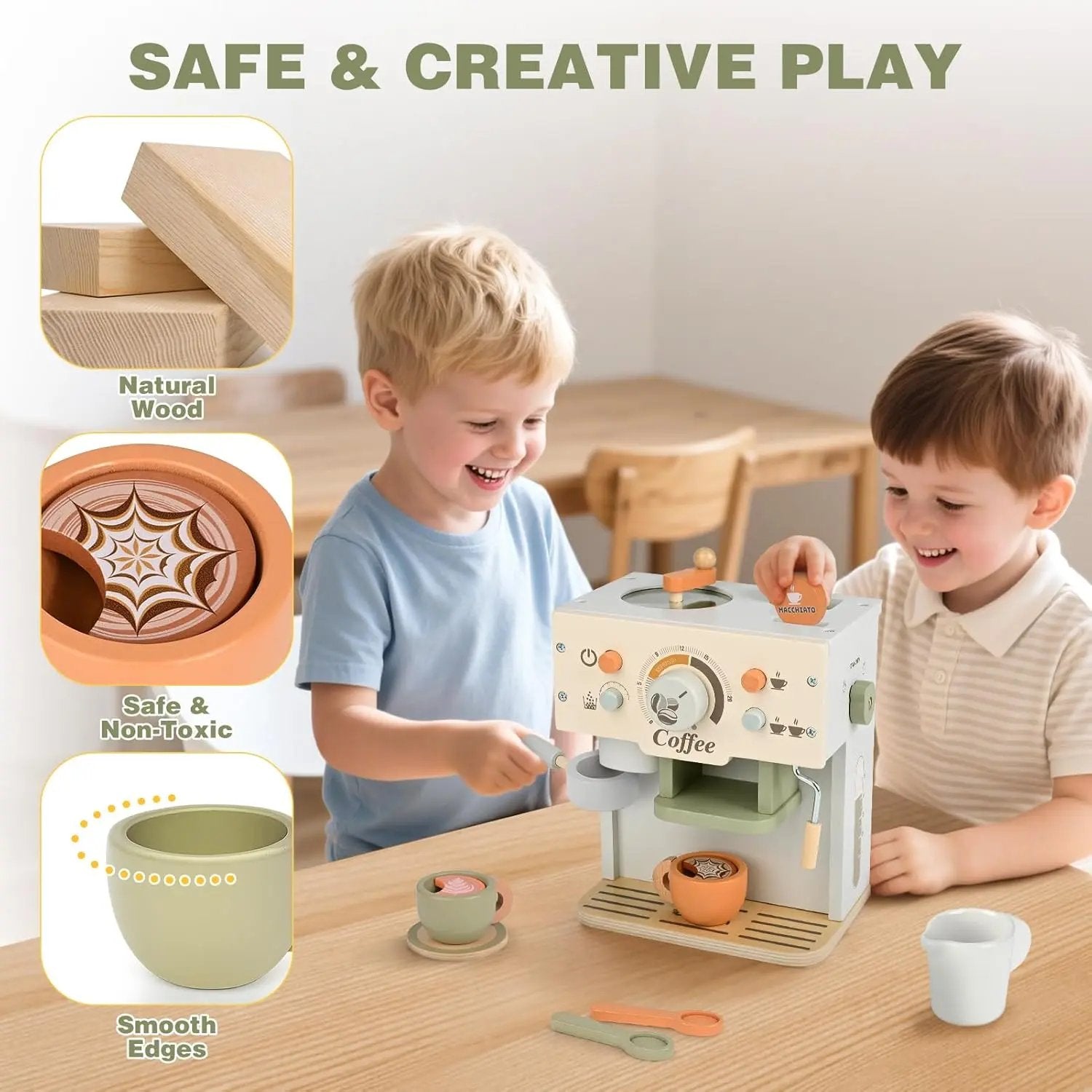 Wooden Toy Coffee Maker Playset for Kids