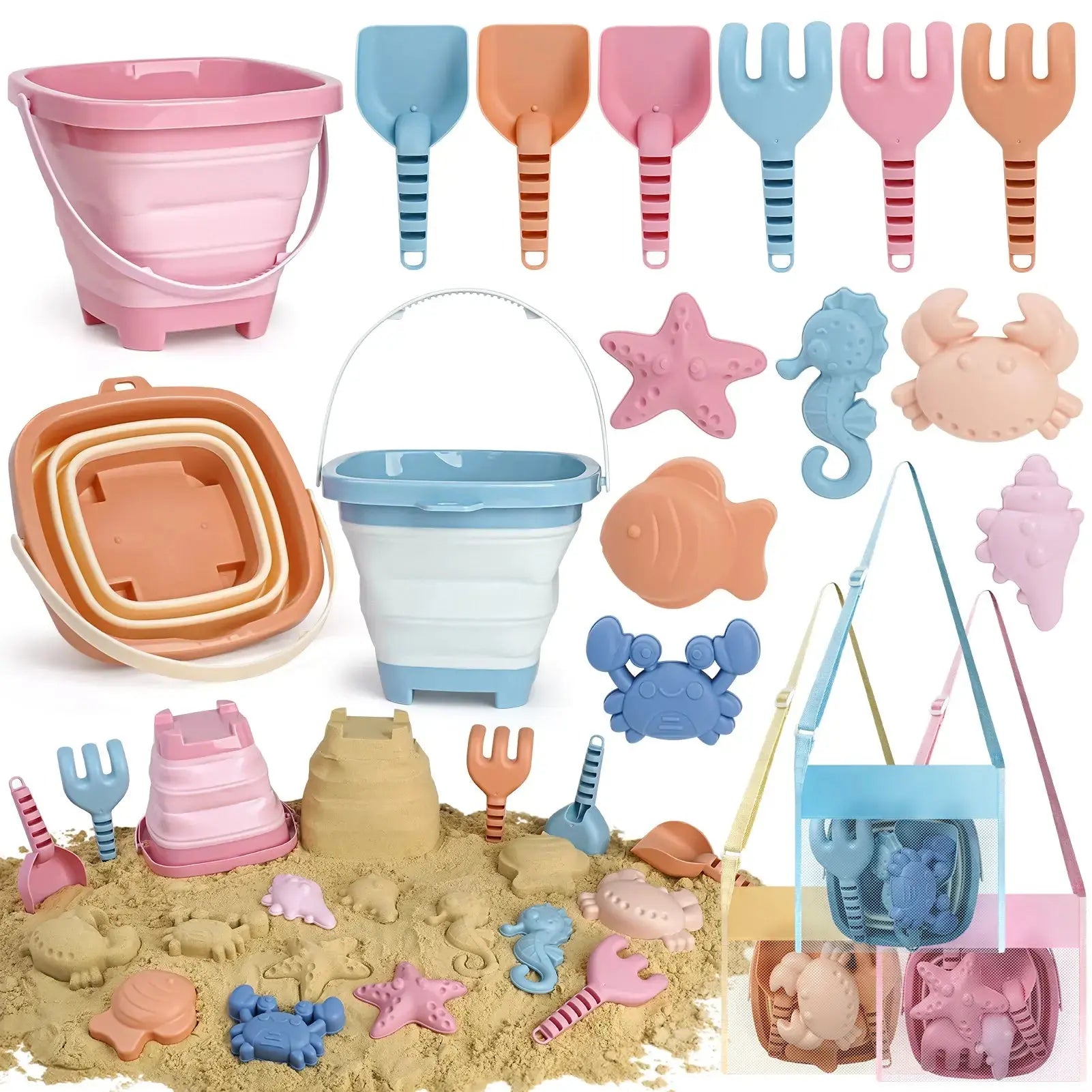 Portable Sand Play Kit with Foldable Buckets & Mesh Storage