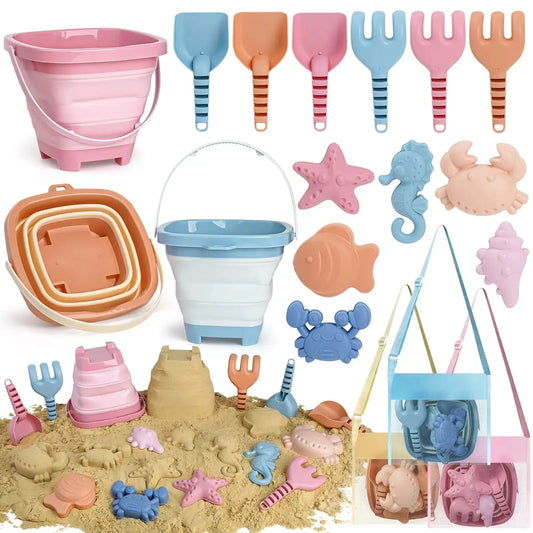 Portable Sand Play Kit with Foldable Buckets & Mesh Storage