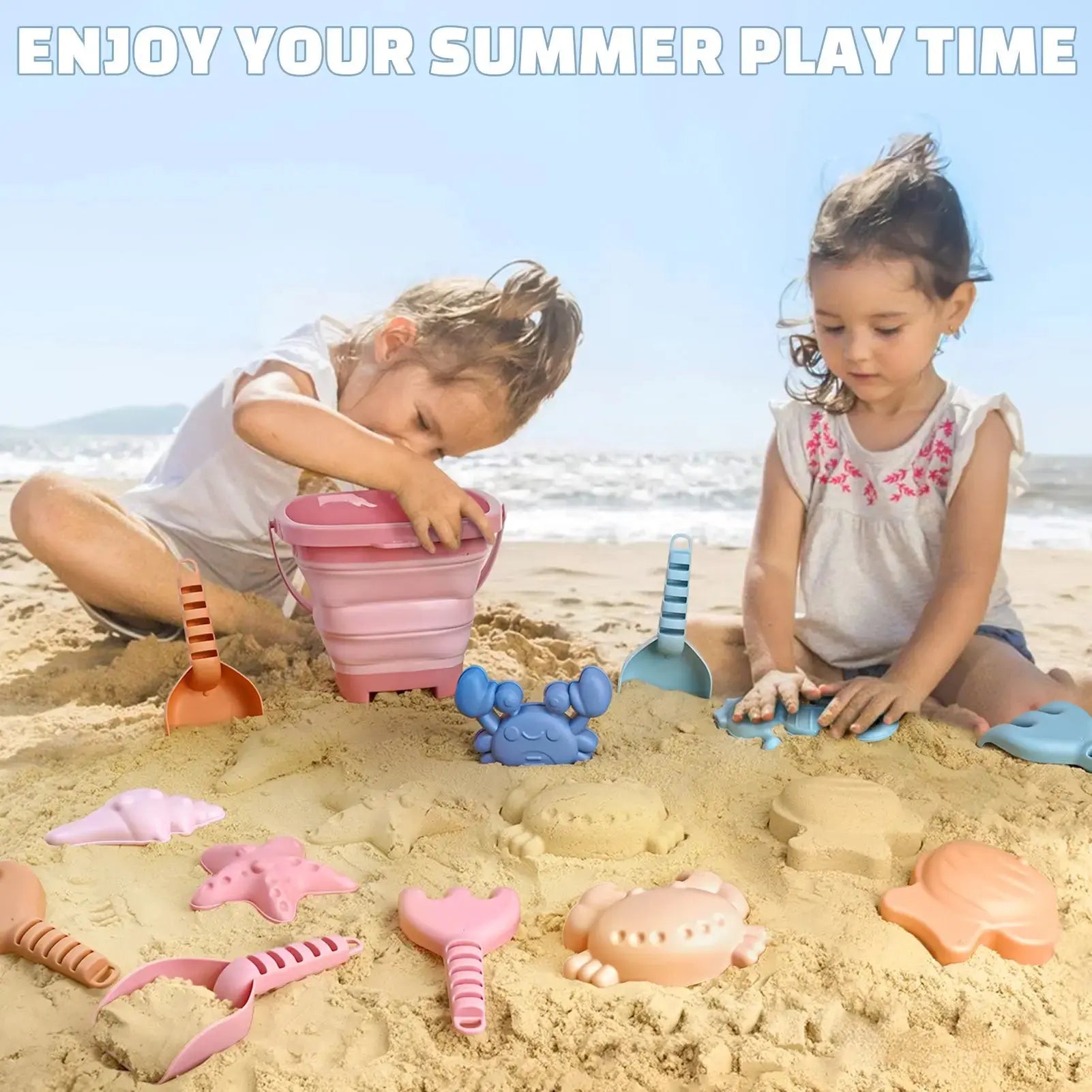 Portable Sand Play Kit with Foldable Buckets & Mesh Storage