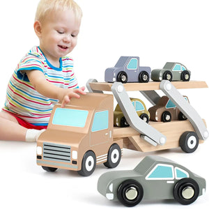 Wooden Car Transporter Toy with 4 Cars – Toddler Toy for 2-3 Year Olds