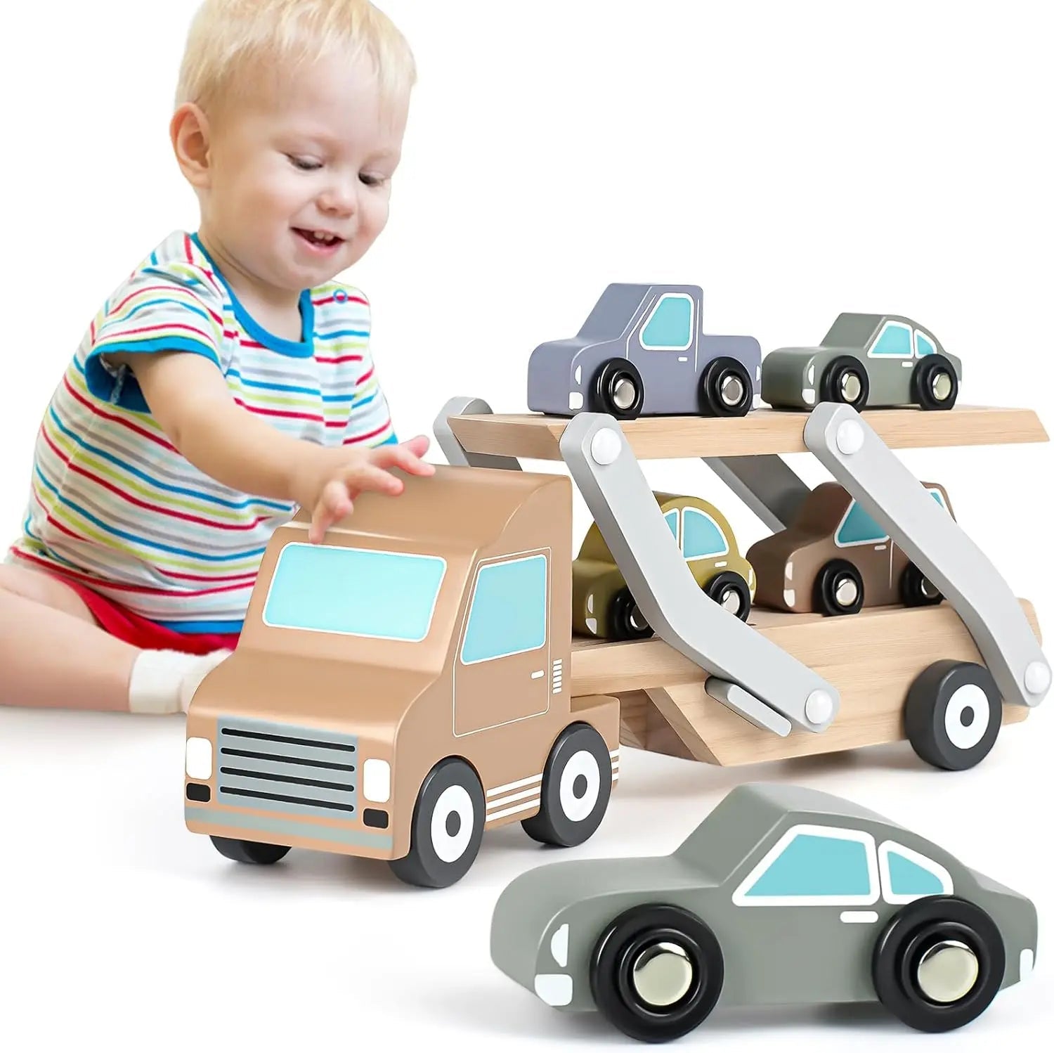 Wooden Car Transporter Toy with 4 Cars – Toddler Toy for 2-3 Year Olds
