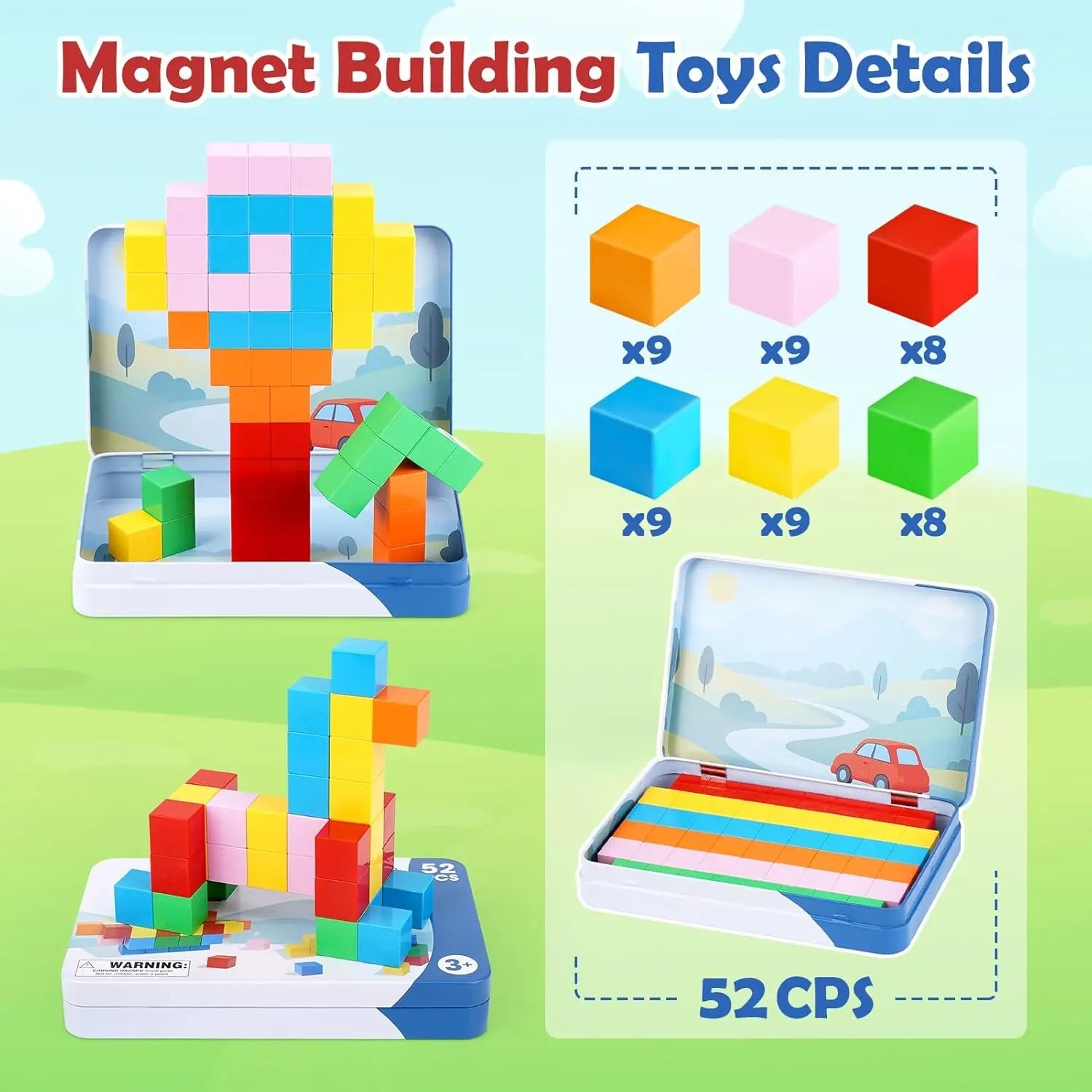 52 PCS Magnetic Building Blocks STEM Toy for Kids Ages 3+
