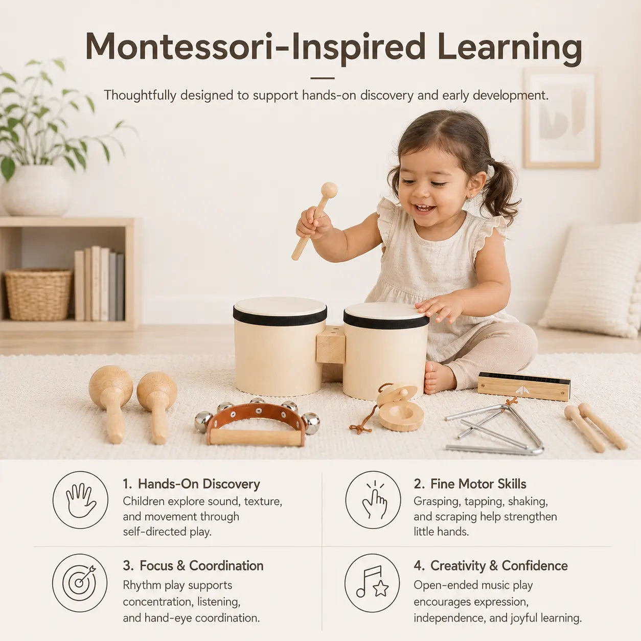 Premium Wooden Kids Drum Set Montessori Musical Toys for Toddlers