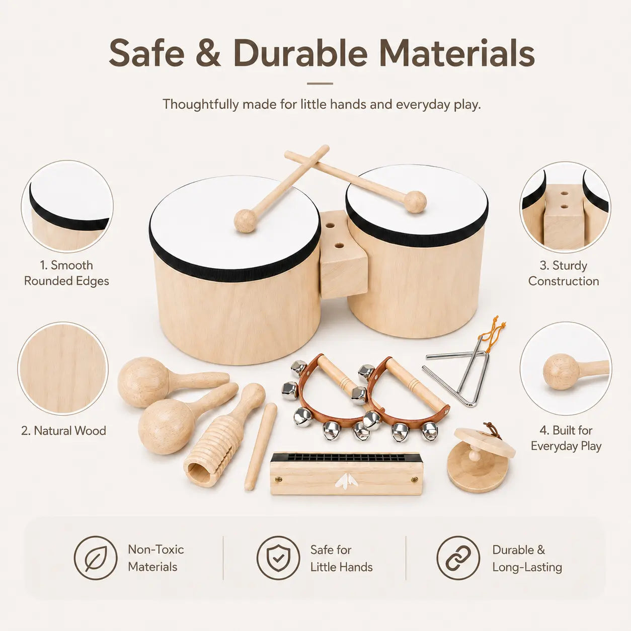 Premium Wooden Kids Drum Set Montessori Musical Toys for Toddlers