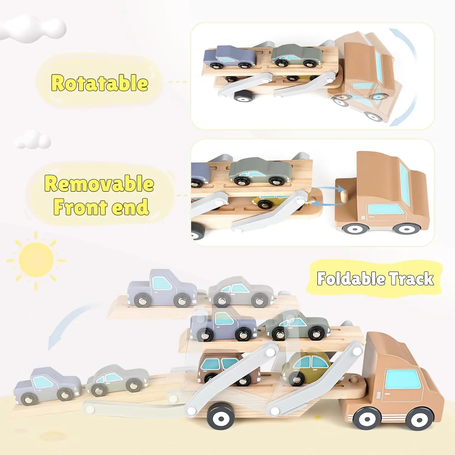 Wooden Car Transporter Toy with 4 Cars – Toddler Toy for 2-3 Year Olds
