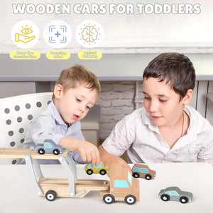 Wooden Car Transporter Toy with 4 Cars – Toddler Toy for 2-3 Year Olds