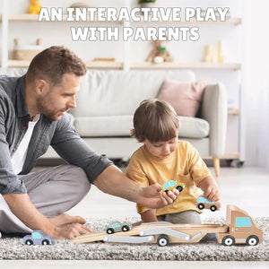 Wooden Car Transporter Toy with 4 Cars – Toddler Toy for 2-3 Year Olds