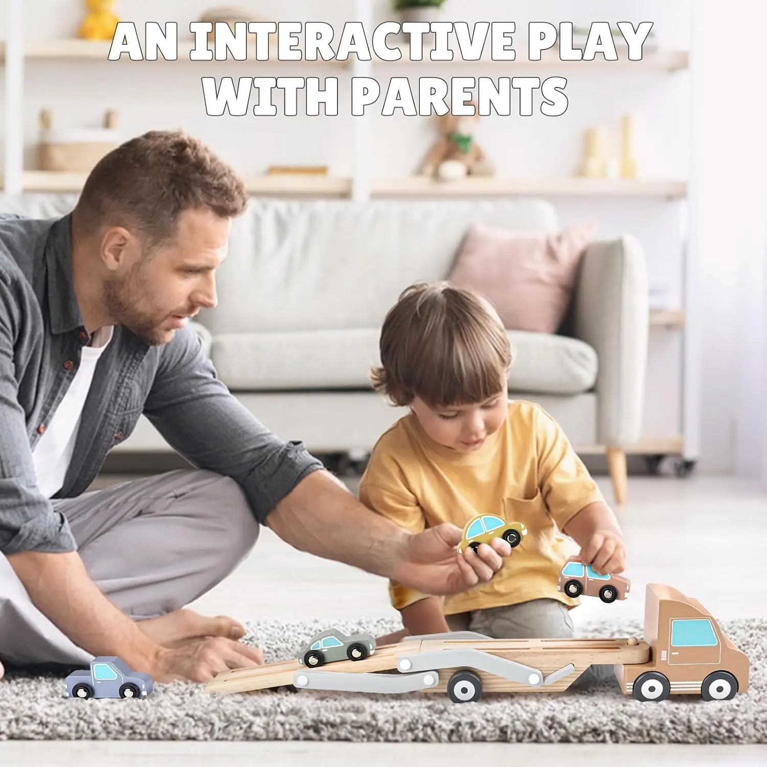 Wooden Car Transporter Toy with 4 Cars – Toddler Toy for 2-3 Year Olds