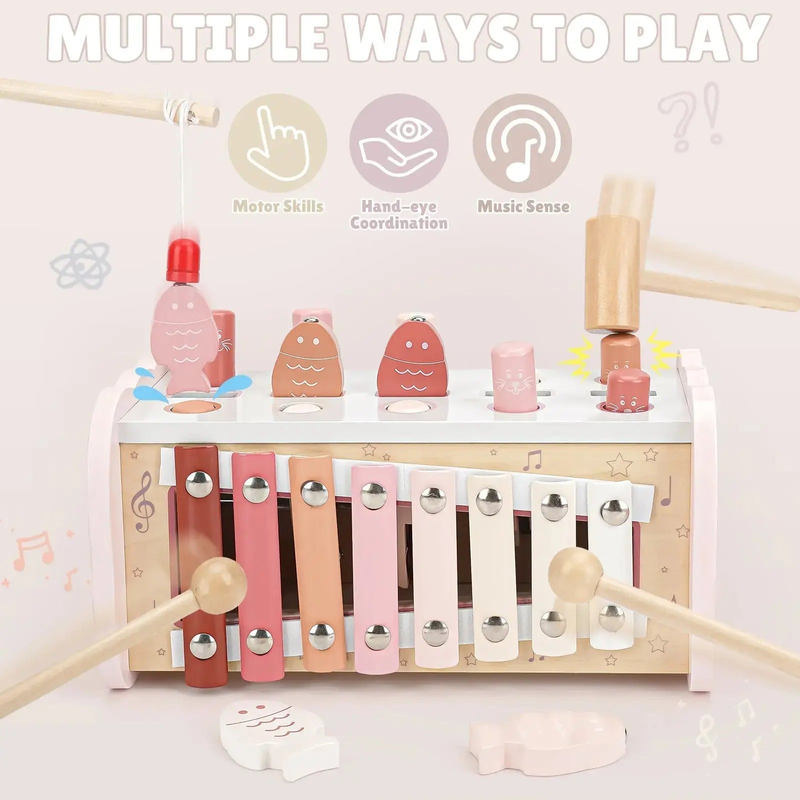 Wooden Hammering Pounding Toy with Xylophone & Fishing Game