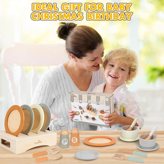 Dishes and Plates - Wooden Kitchen Play Toys for 12M - 6Y